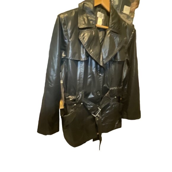 Chico’s Black Belted Short Shiny Double Breasted Rain Jacket Sz XL - Picture 3 of 10